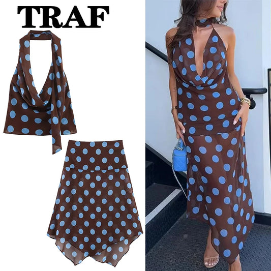 TRAF Polka Dot Printed Midi Skirts Two Piece Sets