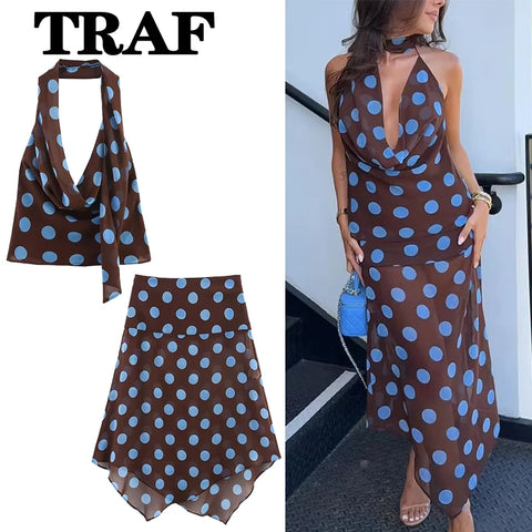 TRAF Polka Dot Printed Midi Skirts Two Piece Sets