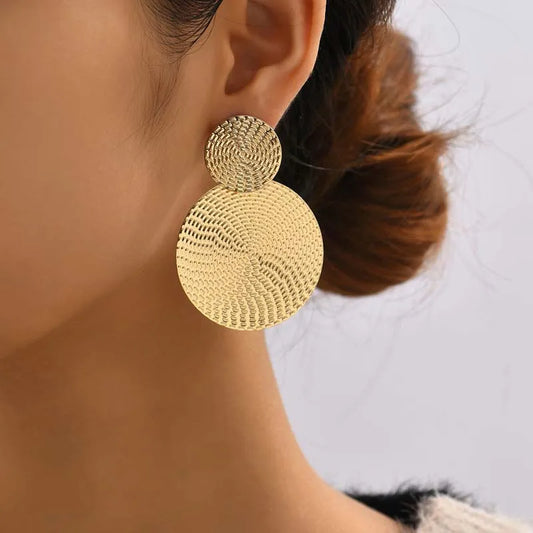 Bohemia Gold Color Big Round Earrings - Exaggerated Metal Geometric Long Circle Pendant for Women