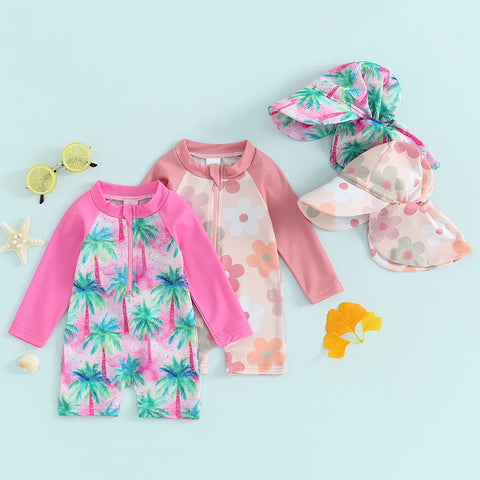 Tregren Toddler Girls Rash Guard Swimsuit with Swim Cap