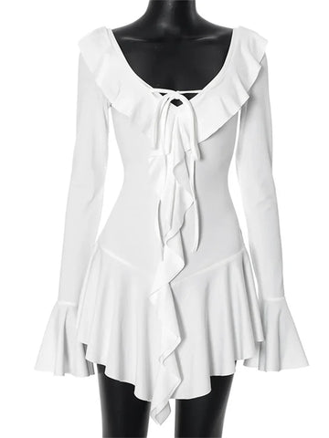 Elegante witte geplooide mini-jurk met vetersluiting voor dames - V-hals, lange mouwen, sexy, slanke zomerjurk