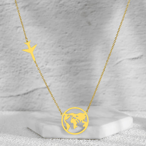 Stainless Steel Airplane Globe Map Necklace - Travel Themed Choker Pendant for Men & Women