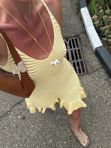 Tossy Knit Rüschen Hollow Out Mini-jurk voor dames - V-hals, transparant, vakantie, strand, casual zomer gebreide jurk