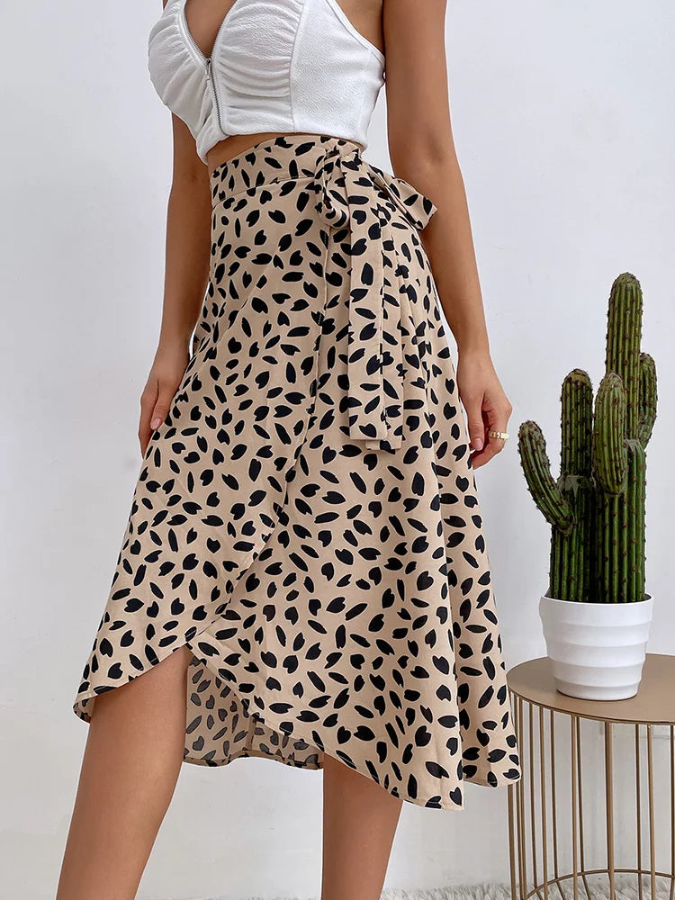 Benuynffy Boho Women Casual Print Tie Side Wrap Skirt - Elegant High Waist Summer Asymmetrical A-Line Skirt