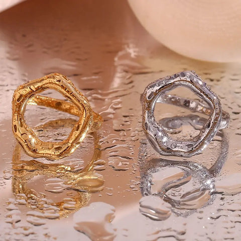 Vintage Circle Motif Stainless Steel Ring for Women - Unique Melted Texture Jewelry