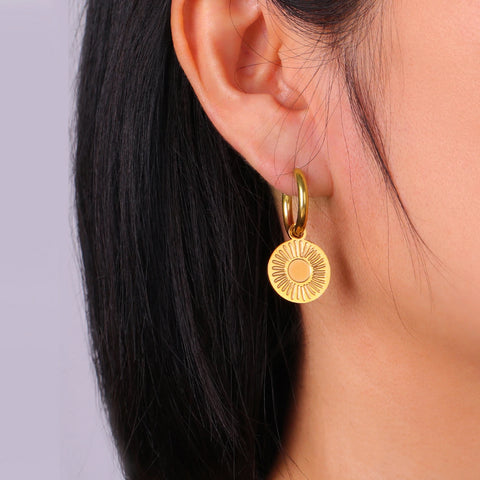 Skyrim Sun Pendant Drop Earrings - Women’s Stainless Steel Gold Color Hoop Earrings - Bohemian Jewelry for New Year Gifts - Wholesale Available