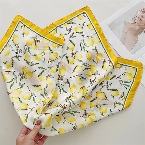 70cm Lemon Print Yellow Silk Scarf