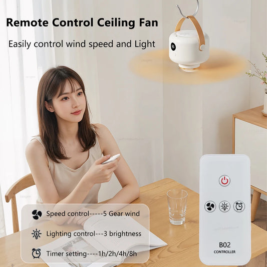 Portable Ceiling Fan for Camping, Rechargeable 7200 mAh, Remote Control, LED Light