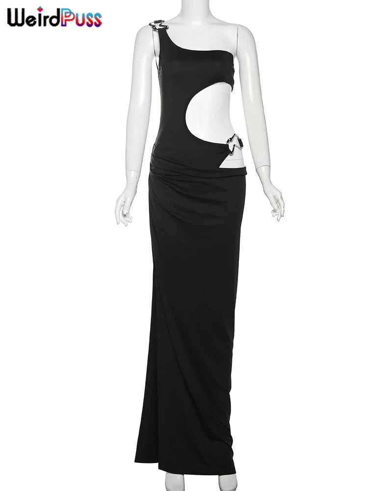 Weird Puss Metal Buckle Dress for Women - Irregular Hollow Split One Shoulder Maxi Bodycon