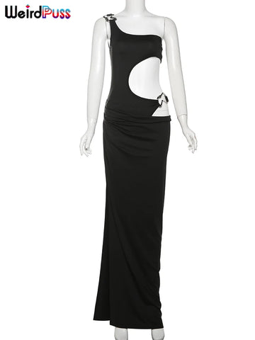 Weird Puss Metal Buckle Dress voor dames - onregelmatige holle split, maxi-bodycon met één schouder