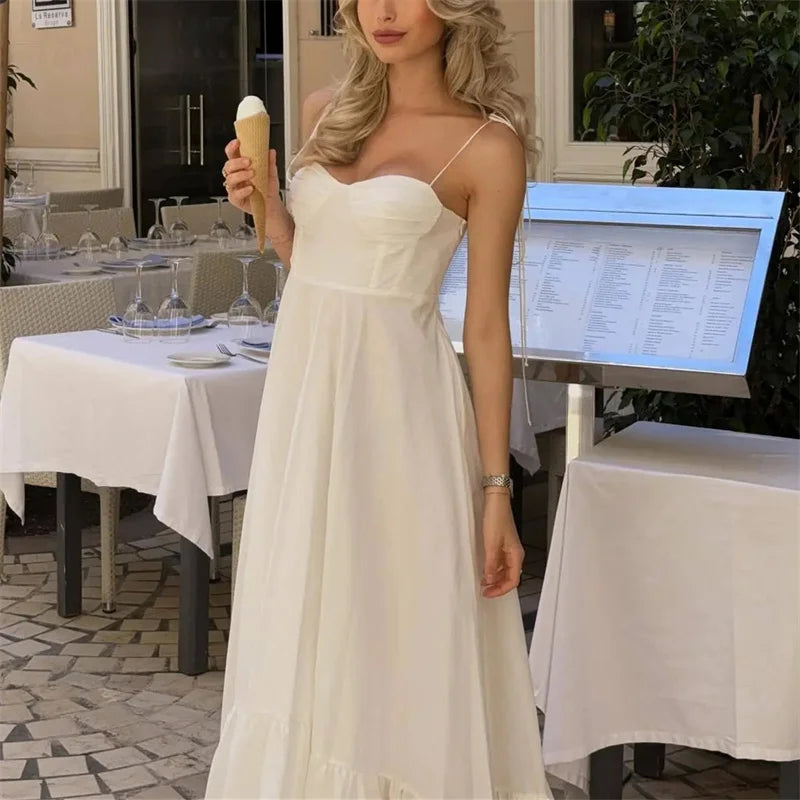 MUJER White Long Ruffle Slip Corset Dress for Women