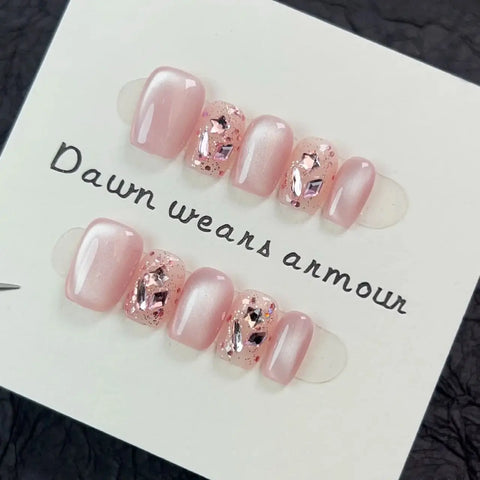 Handmade Press on Nails with Rhinestone Cat-Eye Design