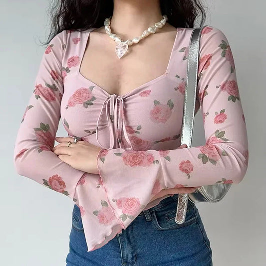 ITOOLIN Dames Fit Bloemenprint Zoete V-hals T-shirts 