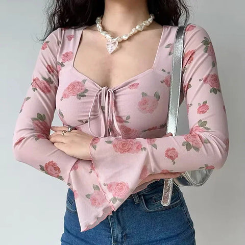 ITOOLIN Women Fit Floral Printed Sweet V-Neck T-shirts