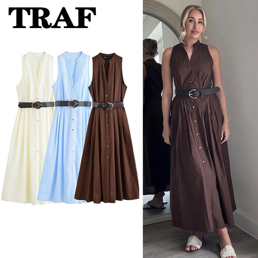 TRAF Fashion V-Neck Sleeveless Midi Dress for Women