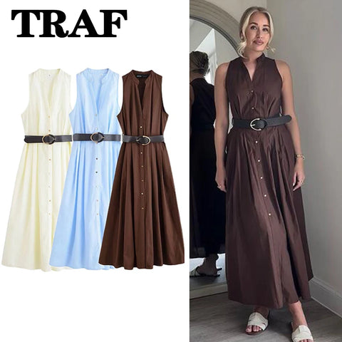 TRAF Fashion V-Neck Sleeveless Midi Dress for Women