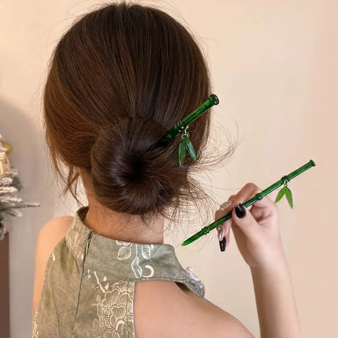 Vintage Imitation Jade Bamboo Leaf Hair Stick - Elegant Chinese Style Hairpin for Women