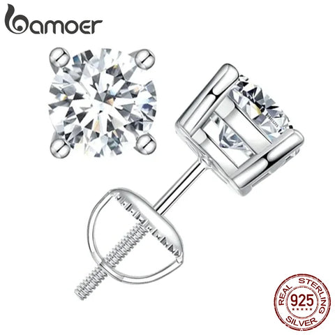 BAMOER Moissanite Screw Back Earrings – 0.5–1CT D Color VVS1 Lab Diamond in White Gold