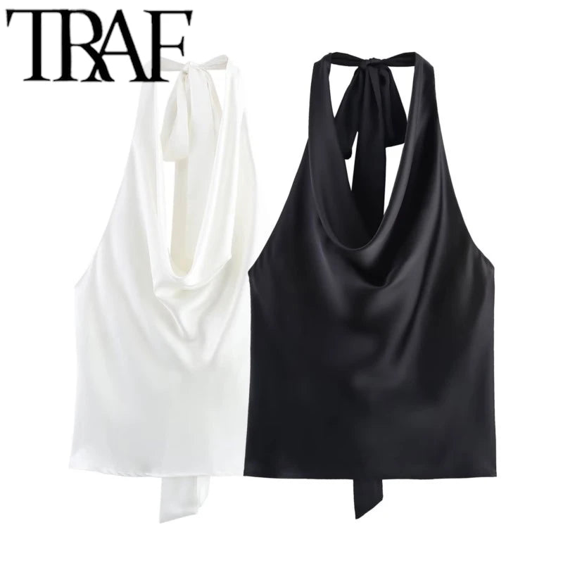 TRAF 2025 Spring Summer Women Fashion Hanging Neck Collar Silk Textured Top