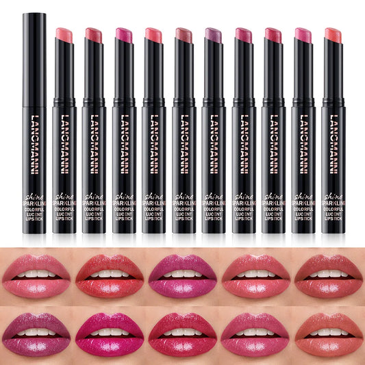 10 Color Glitter Pearlescent Lipstick - Waterproof Long Lasting Lip Gloss