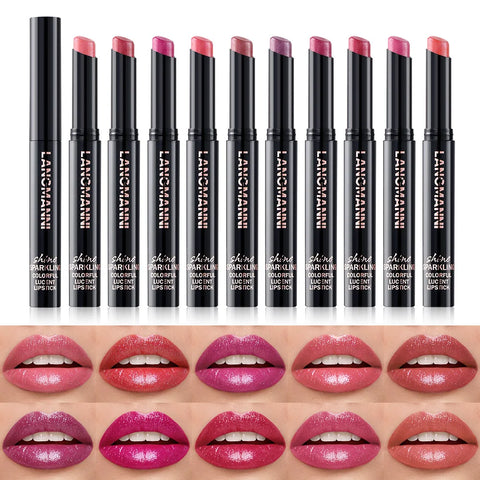 10 Color Glitter Pearlescent Lipstick - Waterproof Long Lasting Lip Gloss