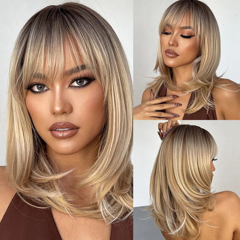 EASIHAIR Ombre Brown Blonde Wigs with Bangs - Layered Heat Resistant Synthetic Wig for Women