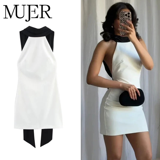 MUJER White Backless Halter Mini Dress