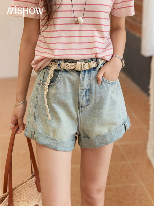 MISHOW Retro Light Blue Denim Shorts for Women