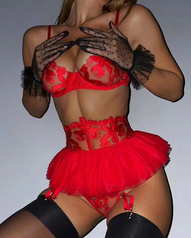 Lace Bra Set Women Transparent Mesh Patchwork Sexy Lingerie Set Floral Garter Brief Underwear Set