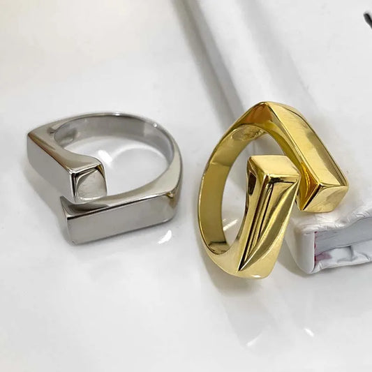 Korean Silver Color Geometric Rectangle Cross Rings - Vintage Double-Layer Adjustable Ring for Men and Women