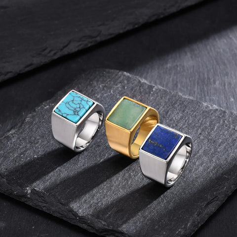 Natural Green Stone Ring for Men and Boys - Stylish Gold Color Stainless Steel Punk Ring