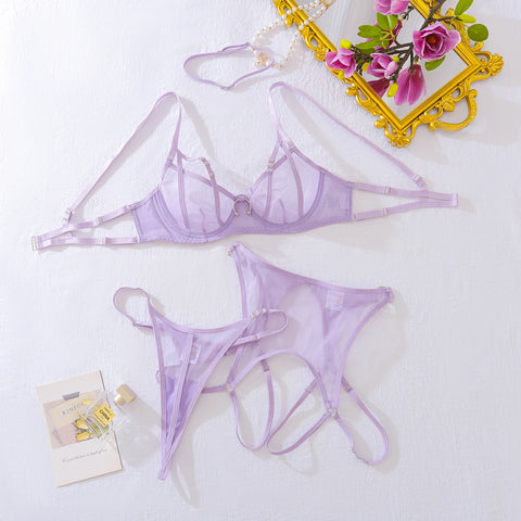 Sensual Lingerie Bilizna Set - Transparent Push Up Bra & Brazilian Underwear in Lavender
