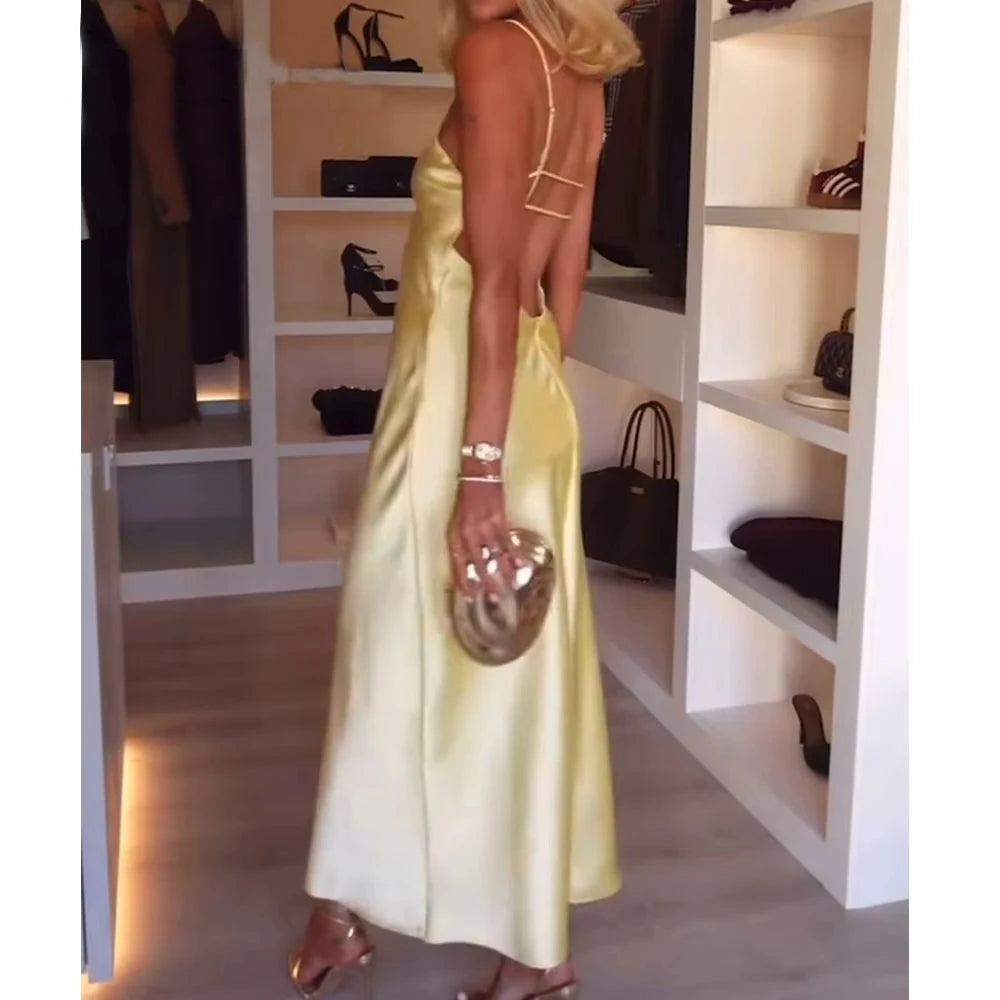 MUJER Yellow Satin Slip Dress for Women