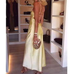 MUJER Yellow Satin Slip Dress for Women