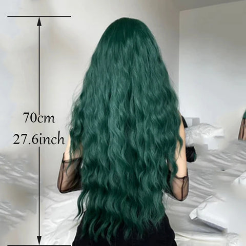 Light Green Long Wavy Synthetic Wig with Bangs - Blackish Green Cosplay Wig for Women, Ideal for Halloween