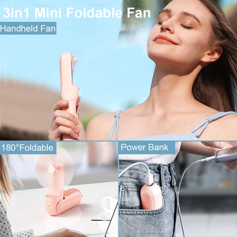 Mini Portable Handheld Fan 2000mAh USB Rechargeable - Compact Folding Fan with Power Bank