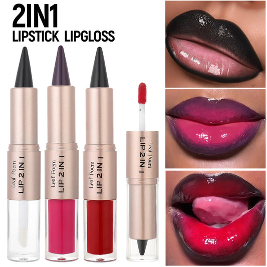 Black Brown Tapered Lip Liner & Contour Pencil with Double Head Mirror and Plumping Lip Glaze