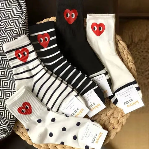 Korean Black and White Striped Polka Dot Casual Sports Socks
