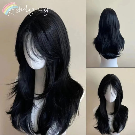 Black Wig with Headband - Body Wavy French Bangs