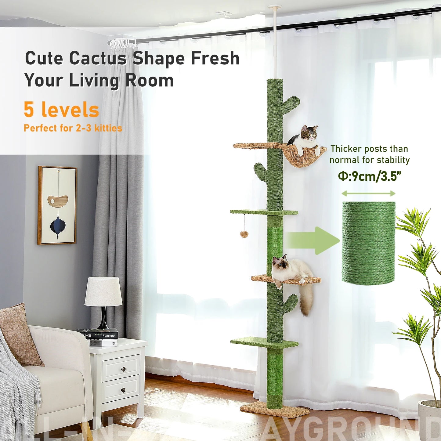 5-Tier Floor to Ceiling Cat Tree Cactus Tower with Scratching Post, Hammock & Dangling Ball