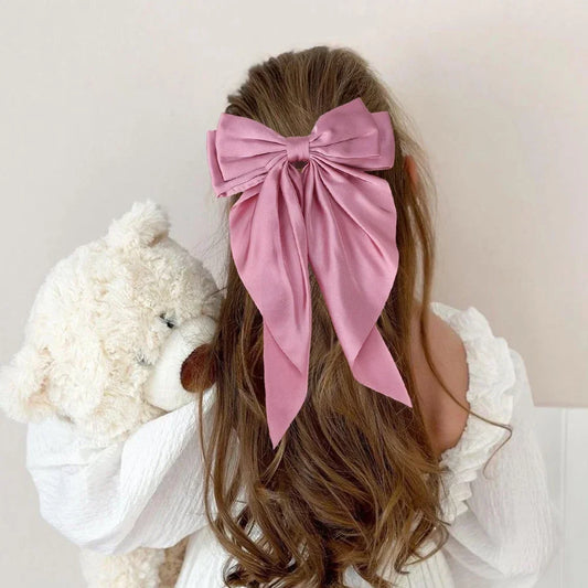 Girls Long Big Bow Float Satin Clips Back Head Hair Clip - Elegant Hair Accessories