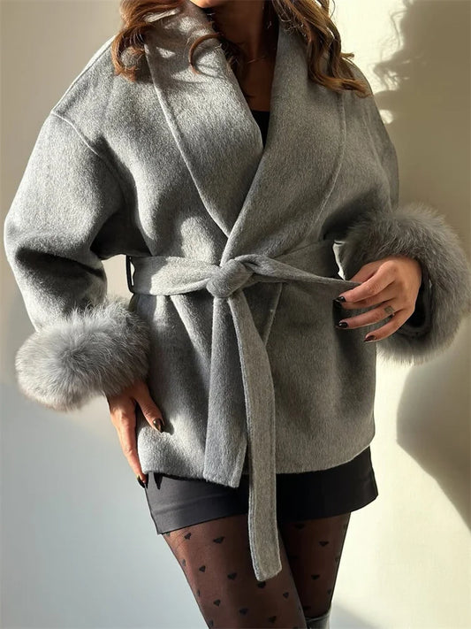 Tossy Fox Fur Wool Overcoat voor dames - Elegante dubbelzijdige wollen korte jas 2025