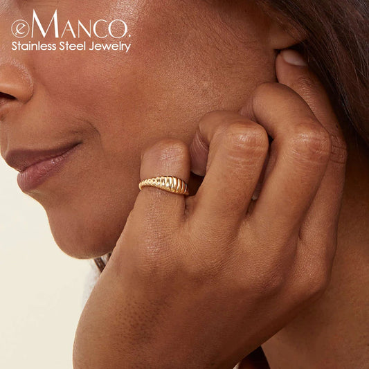 eManco Simple Fashion Style Texture Tail Ring - Classic Stainless Steel Couple Jewelry for Weddings