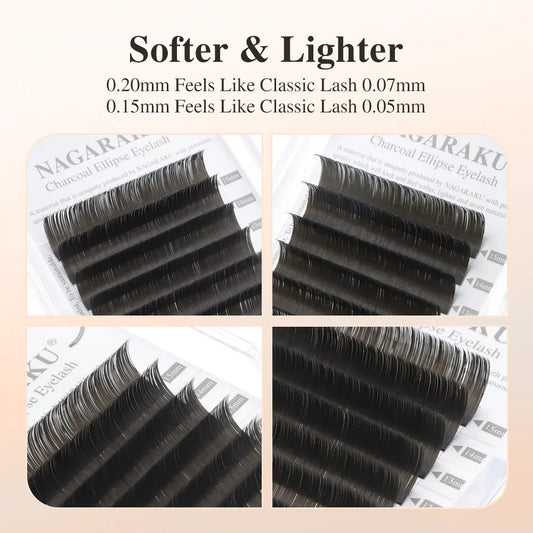 NAGARAKU Flat Ellipse Eyelash Extensions - Matte Gray Black, Super Soft Natural Look