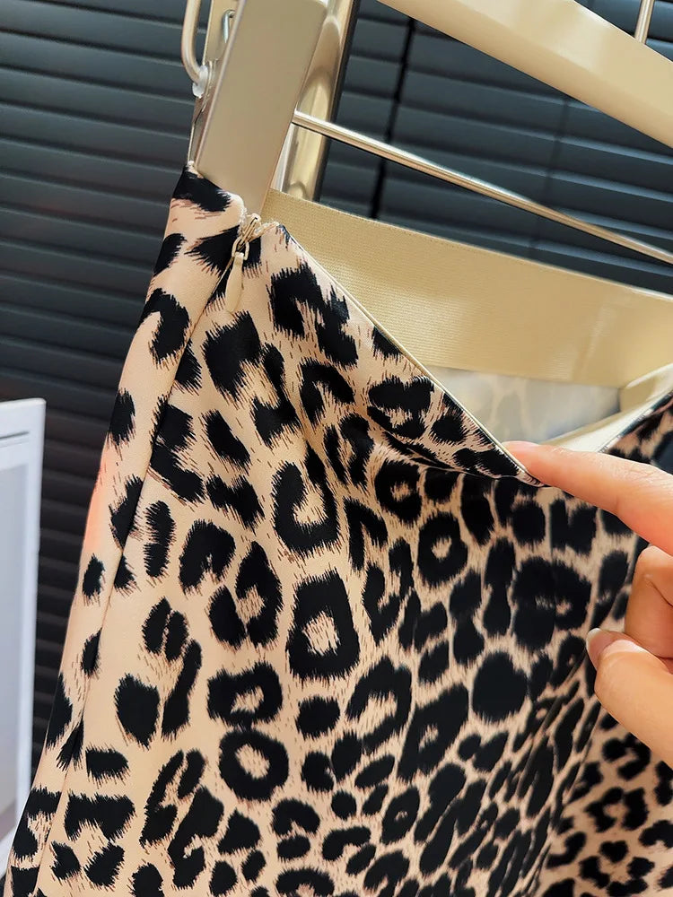 OCEANLOVE Vintage Leopard Satin A-line Skirt - Elegant High Waist Mermaid Style for Spring/Summer