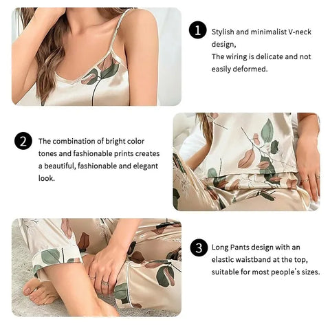Women's Elegant Leaf Print Satin Pajama Set