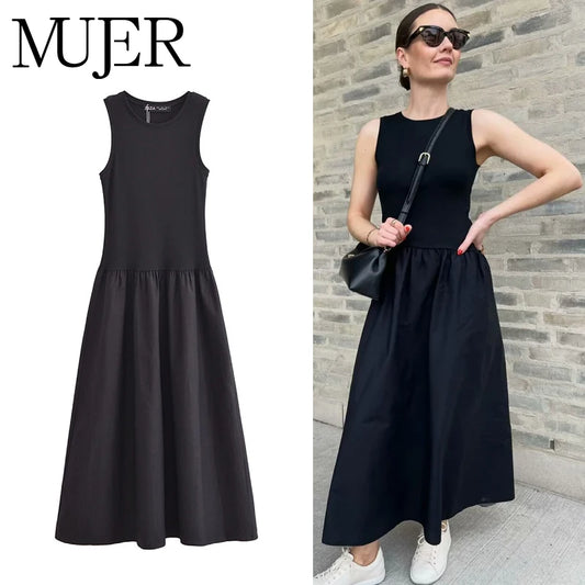 MUJER Black Pleated Long Dresses for Women