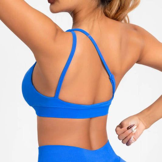 NCLAGEN Asymmetric Sports Bra Gym Top for Women - High Support Halter Backless Fitness Activewear