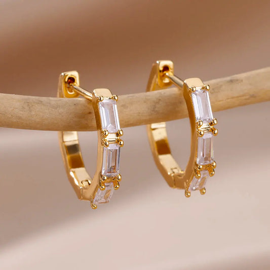 Rectangle Zircon Earrings for Women - Gold Plated Stainless Steel Hoop Earrings - 2023 Trending Luxury Wedding Couple Jewelry Gift