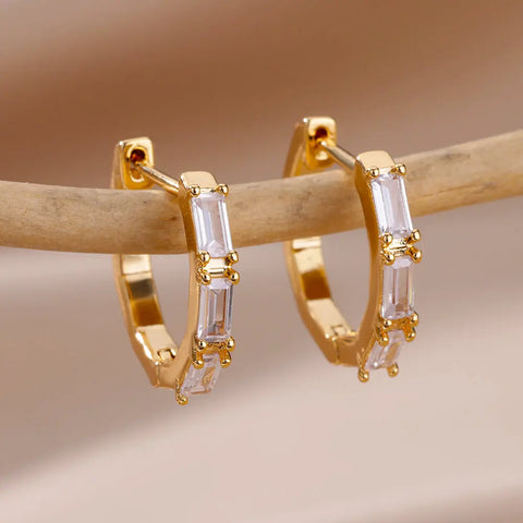 Rectangle Zircon Earrings for Women - Gold Plated Stainless Steel Hoop Earrings - 2023 Trending Luxury Wedding Couple Jewelry Gift